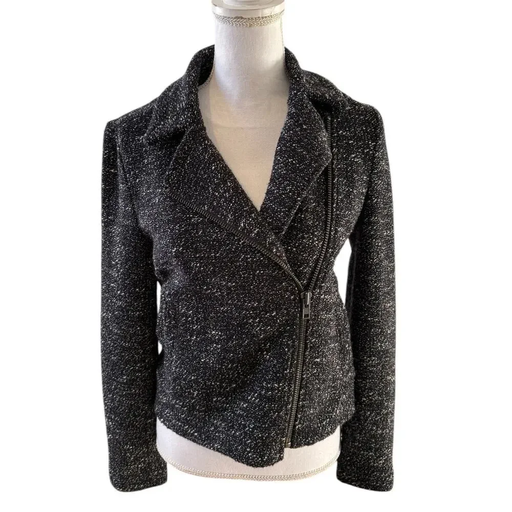 J Crew Tweed Boucle Moto Zipper Detail Jacket Black White 6
